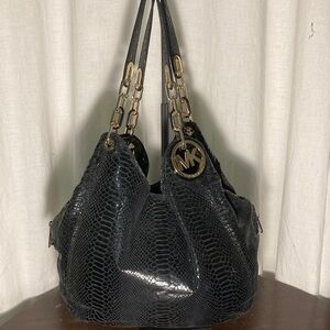 Michael Kors Black Fulton  Snake-Embossed Hobo Bag with Gold Hardware